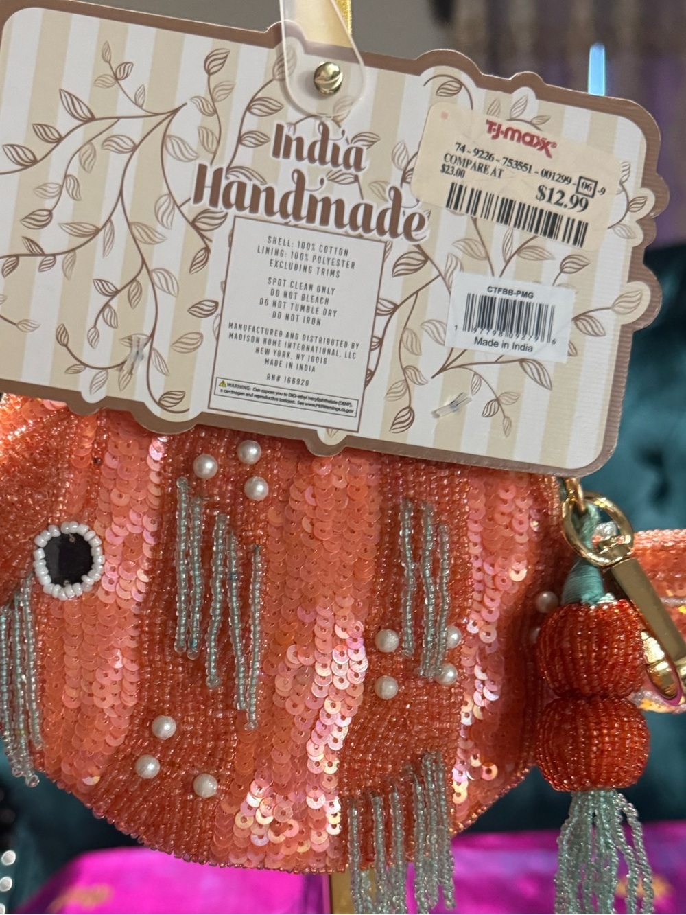 NWT 2026 India Handmade Beaded Fish Coin Pouch Tassel Coral - Picture 3 of 3
